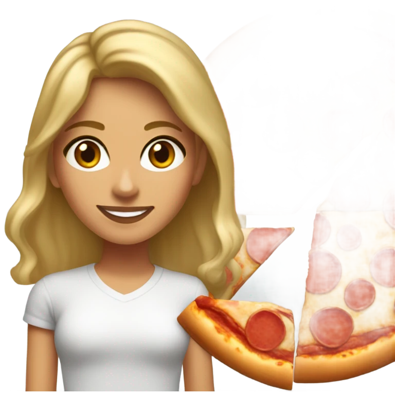 young adult woman with dirty blonde hair and amber eyes with Mexican facial features eating pepperoni pizza emoji