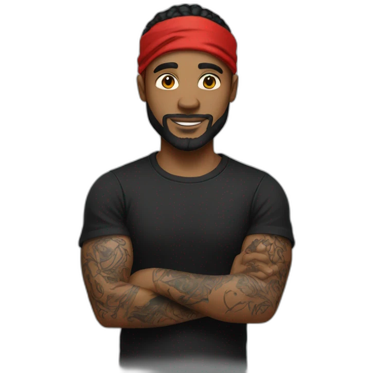 white man with tattoos in a black T-shirt and a red bandana emoji