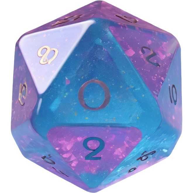 translucent d20 die with glitter emoji