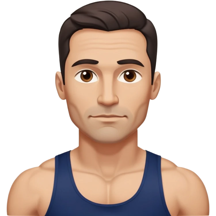 Athletic 40-year-old man with light brown skin, elongated face, strong jawline. Confident expression with medium dark eyes, arched eyebrows. Wavy dark hair in modern cut. Wearing a navy blue tank top showing fit physique. emoji