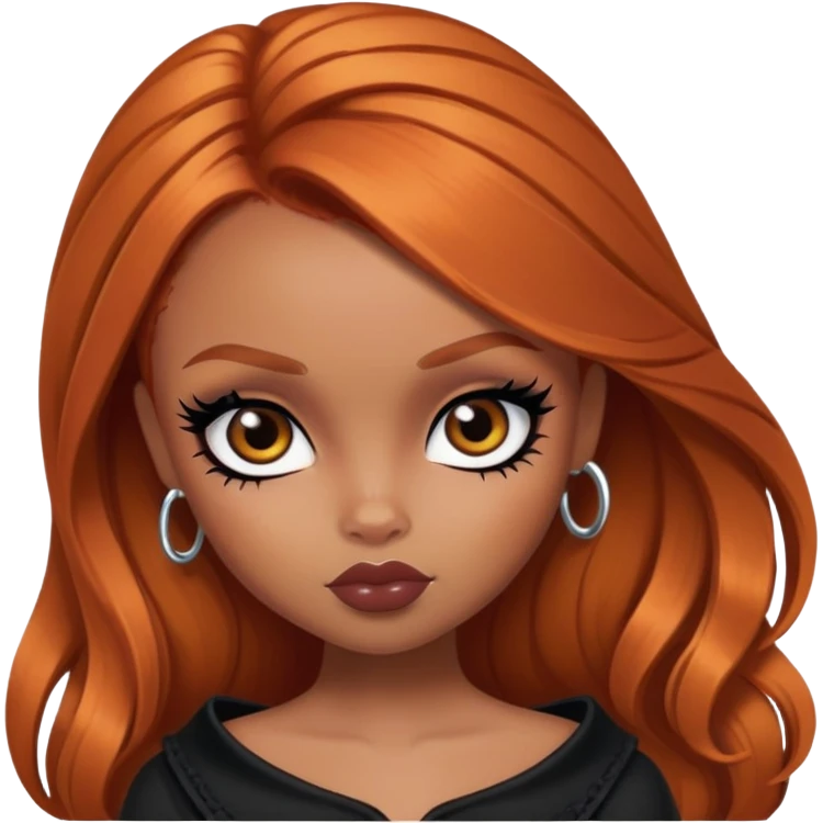 pretty bratz girl, ginger hair, dark brown eyes, black eyeliner, brown skin, alternative style, goth emoji
