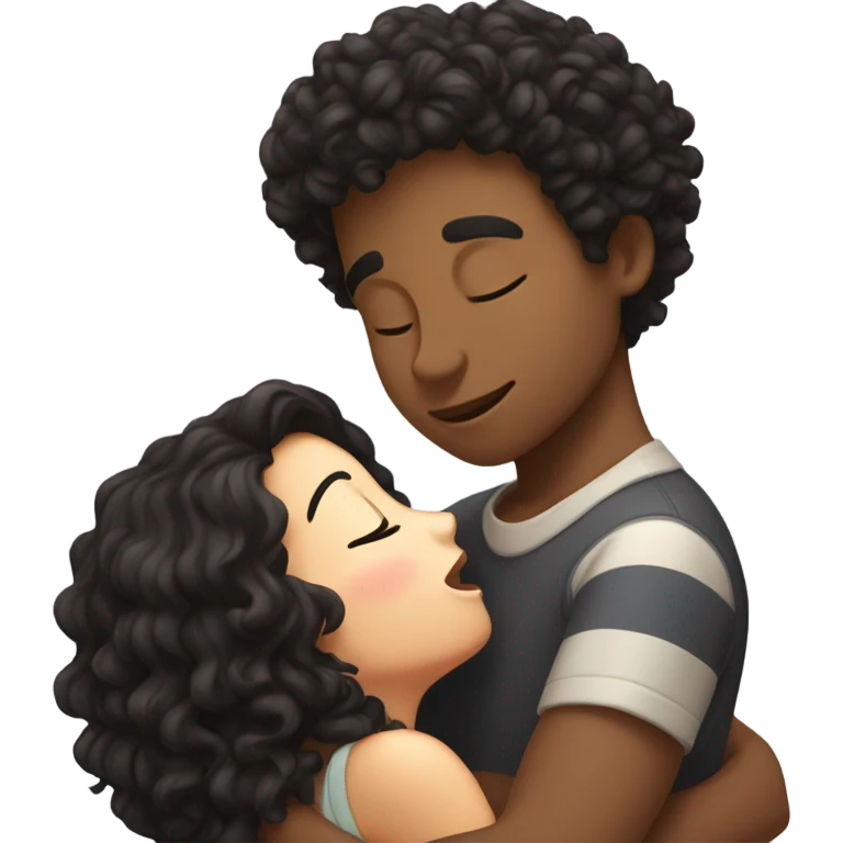 curly black haired boy and brunette girl kissing with their eyes closed emoji