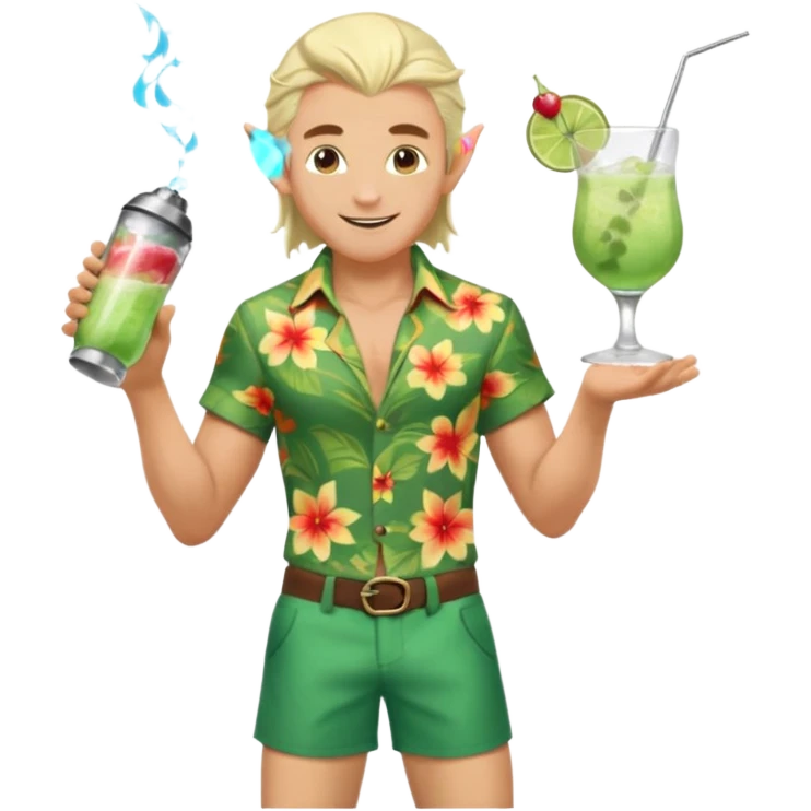 elf male legolas Unbuttoned Hawaiian shirt, swim trunks, shaking a cocktail shaker (sparks flying) emoji