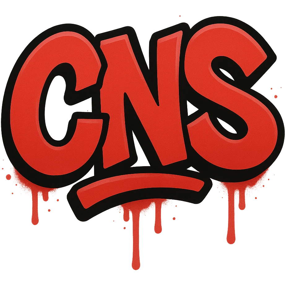Сделай красное граффити с надписью "CNS" в стиле emoji iOS без фона emoji