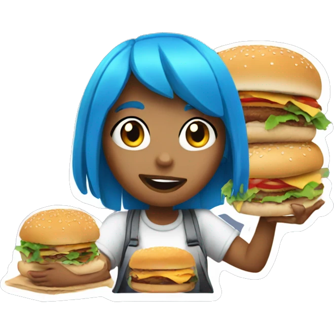 Girl with blue hair eating a burger emoji