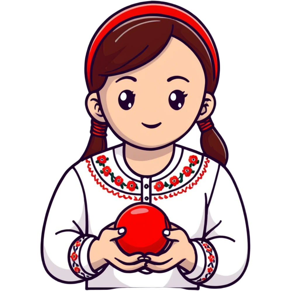Ukrainian young girl in a white embroidered shirt holds a red ball of thread in her hand emoji