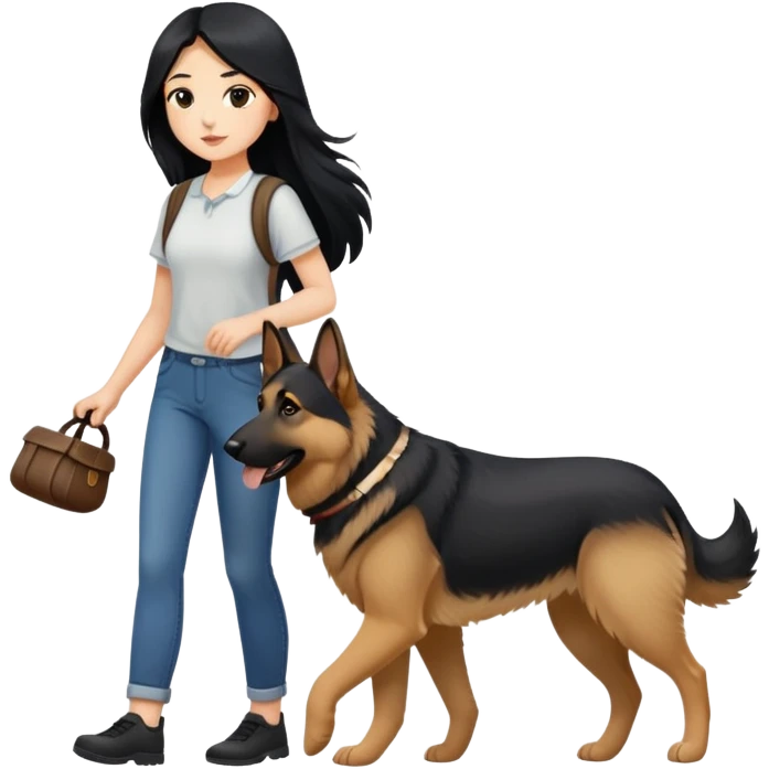 A girl with long black hair walking a German Shepherd emoji