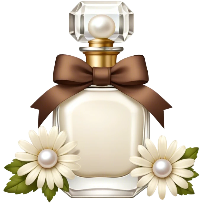 pearl white vintage style perfume bottle and ivory colored daisies and a brown bow emoji