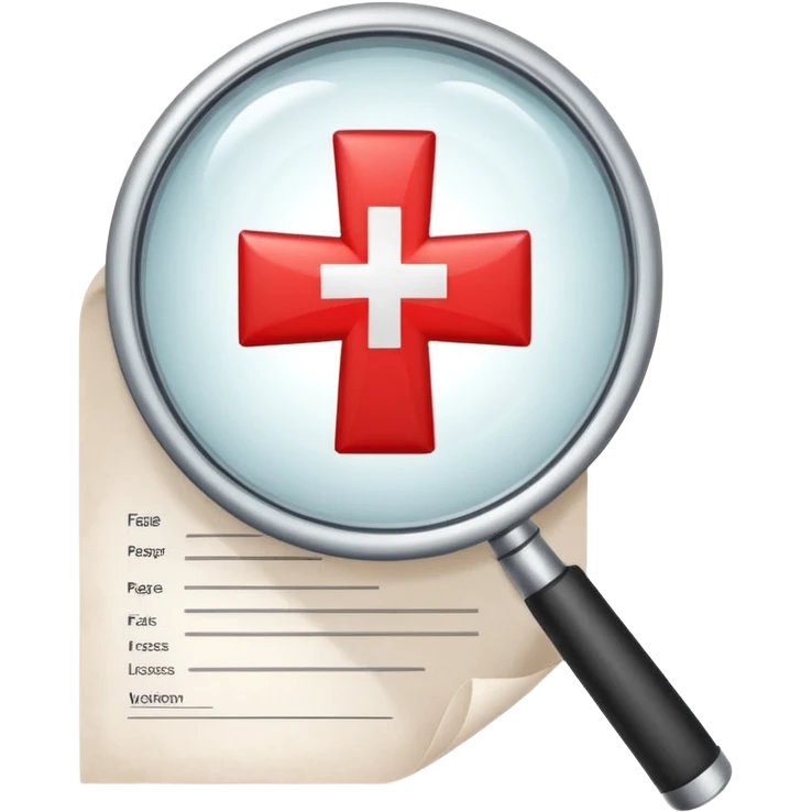 Emoji-style illustration of a paper with a magnifying glass showing a red cross, symbolizing verification failure or fake paperwork. Cute, professional, informative design emoji