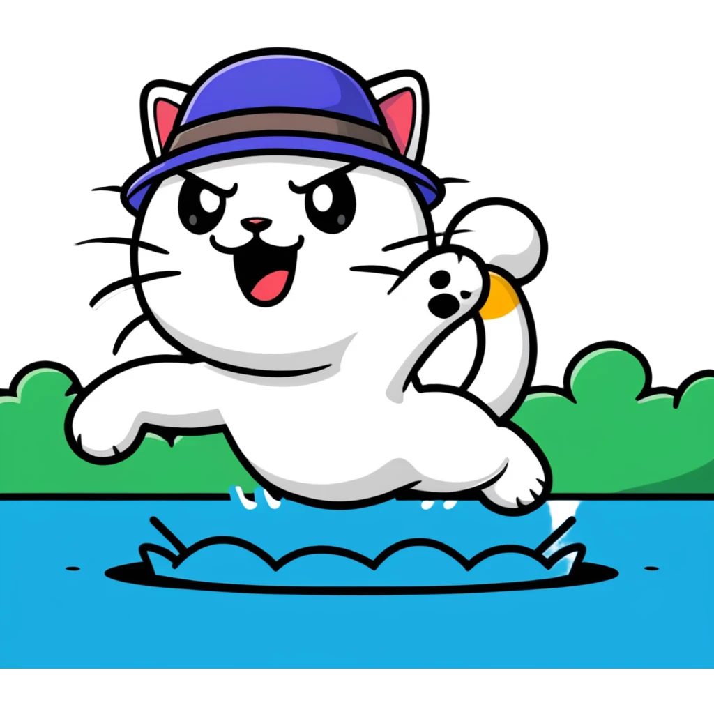 angry cat with a hat jumping into a lake emoji