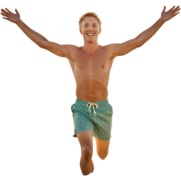 A white man running into the ocean with arms wide open, embracing the waves and the moment. The sun shines warmly, and the water sparkles, symbolizing the joy of creating fun and appreciating life’s simple moments. Their footprints in the sand fade as they fully immerse themselves in the present. emoji