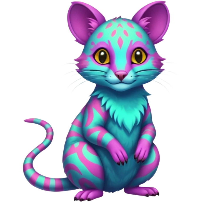 Tropical Neon-colored fantasy feline-rodent-marsupial-critter-vernid-fursona animal creature full body with intricate markings  emoji