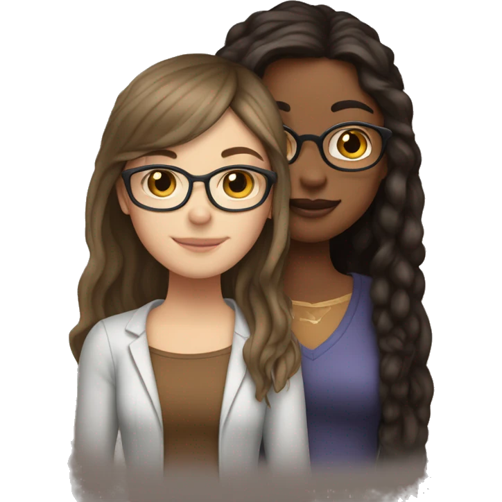 white girl with glasses and  long straight brown hair and bangs that’s hugging brown girl with longcurly dark brown hair emoji