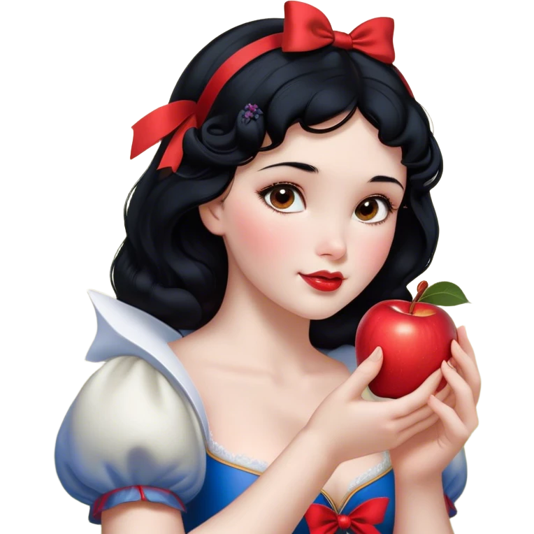 Cinematic Realistic Snow White Portrait, depicted with lifelike skin texture, soft natural lighting, and intricately detailed black hair styled with a red ribbon. Her soft brown eyes radiate innocence and kindness, complemented by a warm, gentle smile. She holds an apple in one hand, her other hand resting against her cheek, embodying her purity and charm. She is dressed in her classic yellow, blue, and red gown, the fabric rich in texture with delicate folds that catch the light beautifully. The portrait features a soft, natural glow with a radiant finish, capturing the essence of timeless beauty in a realistic and painterly style. emoji