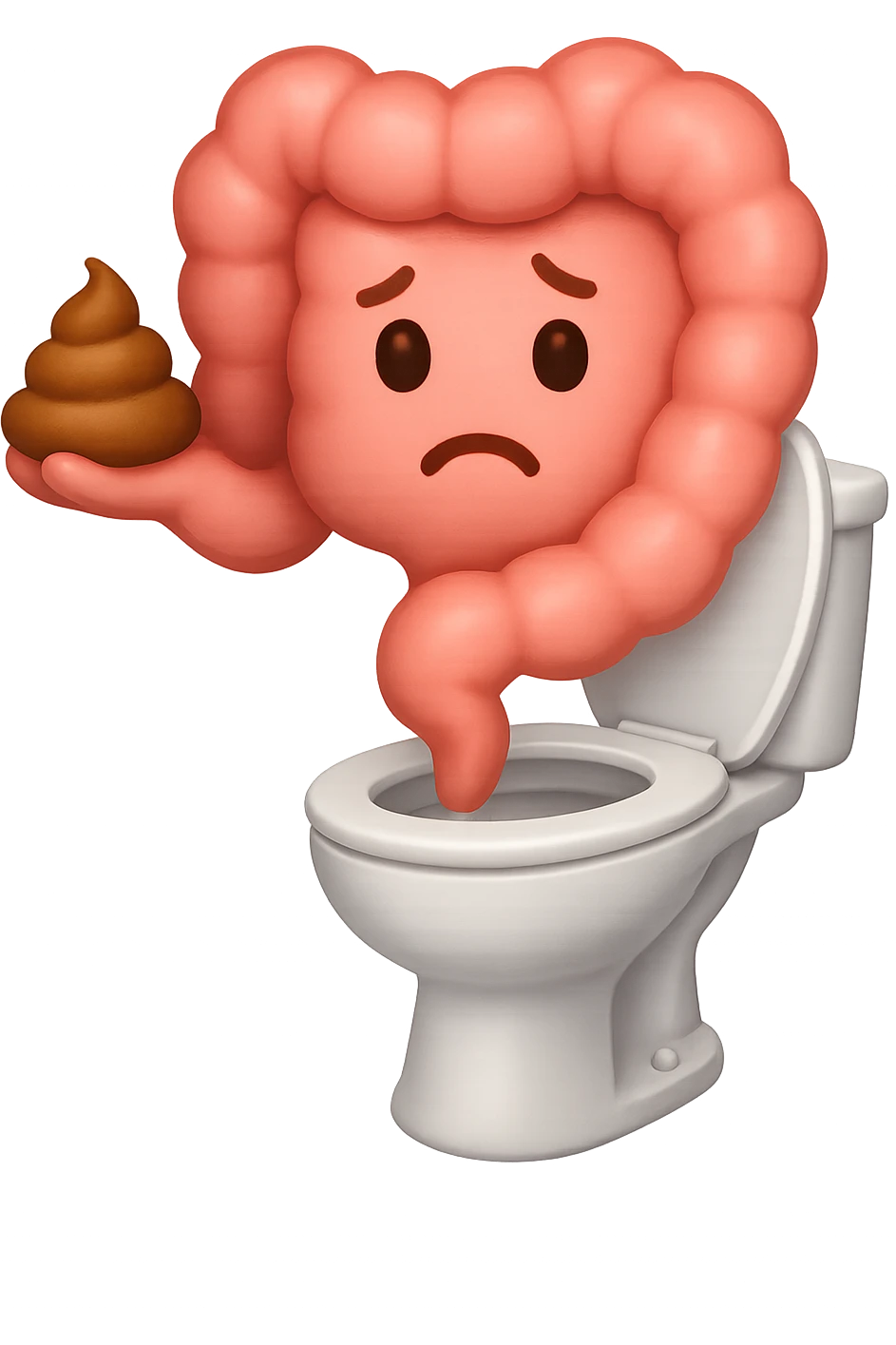 emoji stile iphone di un intestino che esce dal wc con in mano una montagnetta di feci con espressione triste a palline emoji
