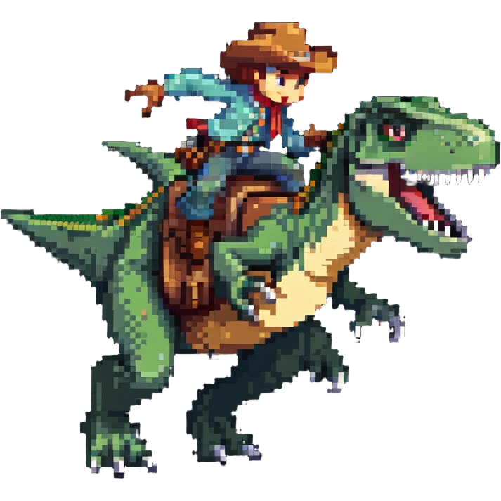 cowboy sliding down the back of a t-rex, dynamic action pose emoji