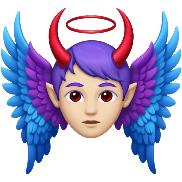 The letter o in black, purple Angel wings, red devil horns, and blue halo on top emoji