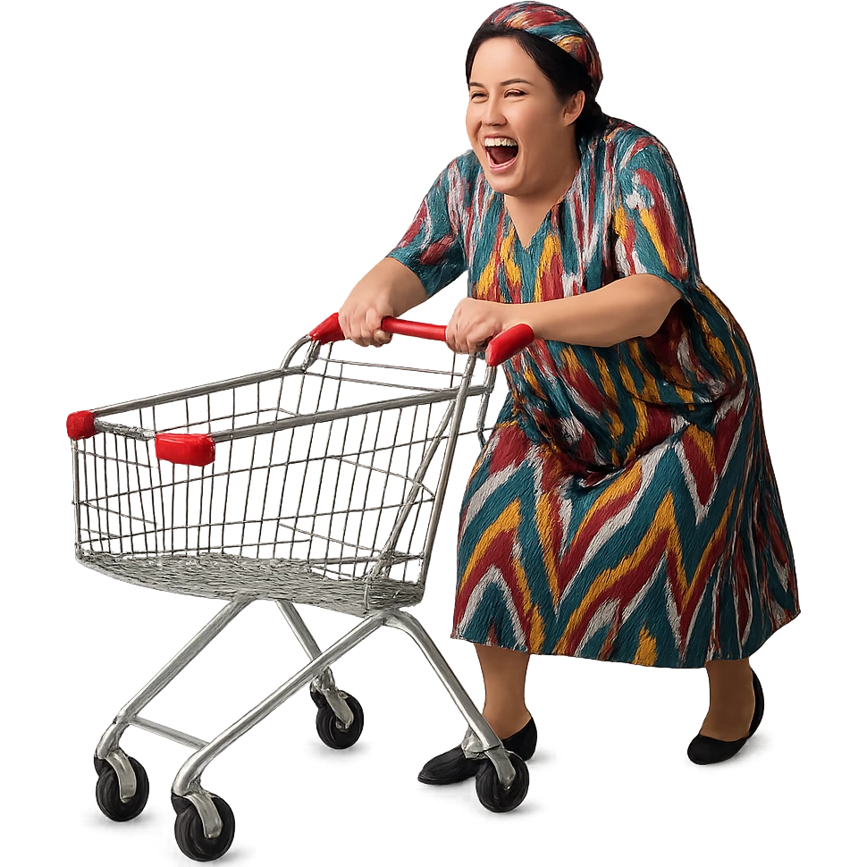 hysterical Uzbek woman with a shopping cart emoji