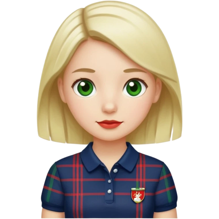 School uniform with navy polo shirt and navy plaid skirt with green white and red  emoji