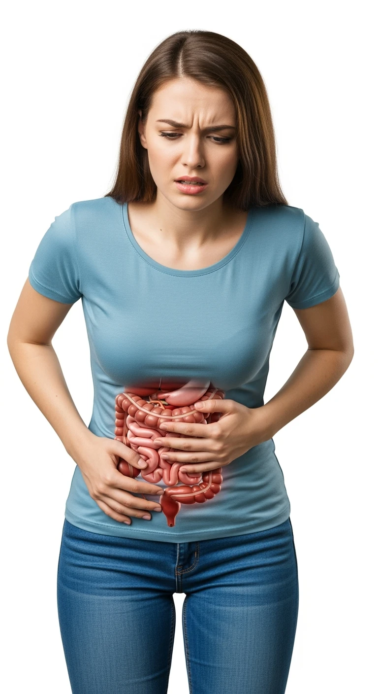 DONNA CON MAL DI PANCIA E INTESTINO UMANO ANATOMICO VISIBILE, IPERREALISTICO 4K, SFONDO BIANCO emoji