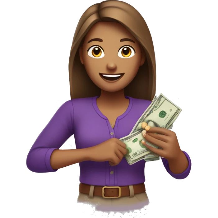 tan emoji woman with purple shirt and brown hair holding money and smiling emoji