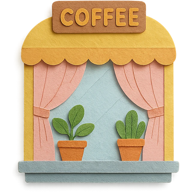cute coffee shop window with plants and soft pastel curtains, hand-drawn style emoji