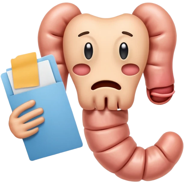 emoji stile iphone 3d di un intestino triste con espressione dolorante e un foglio in mano con la scritta "DIAGNOSI DI IBS", SENZA SFONDO emoji