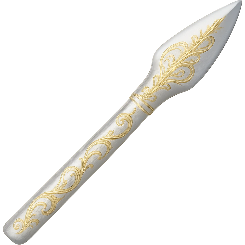 Recolor the spear to a very light metallic silver color with subtle, elegant gold engravings. The gold tone and style should match the provided silver shield reference, with a soft gold that is not too yellow or green. Keep the exact shape and proportions of the original spear. Transparent background. emoji
