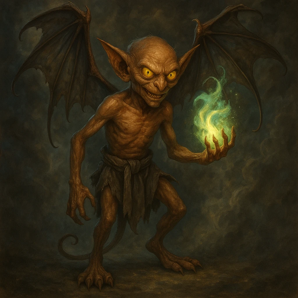 Add a smoky, magical background behind Igor the mephit, keeping the fantasy vibe. Maintain the fantasy style and atmosphere in the background to complement the character. emoji