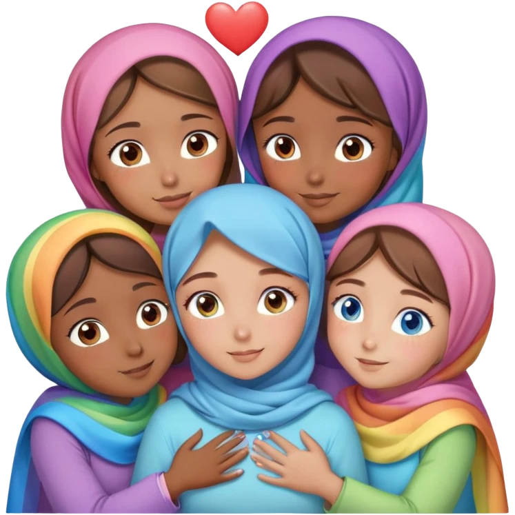 Four sister hugs Turkish girls beautiful finish Konya brown blue eyes with raimbow pastel hijab and heart dress and hugs  emoji
