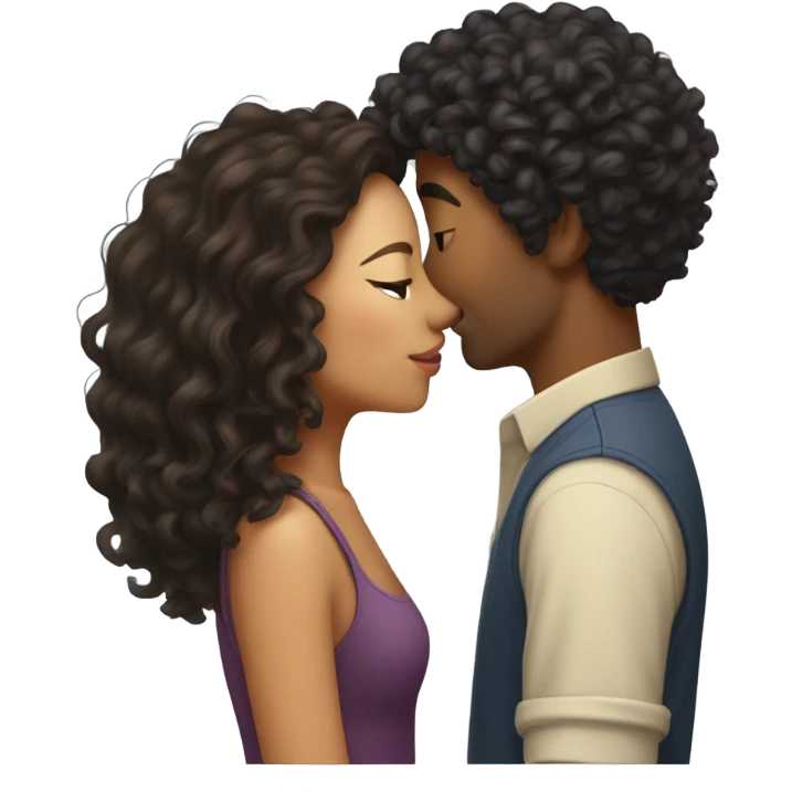 Mixed girl with middle curly hair kissing an Asian man  emoji