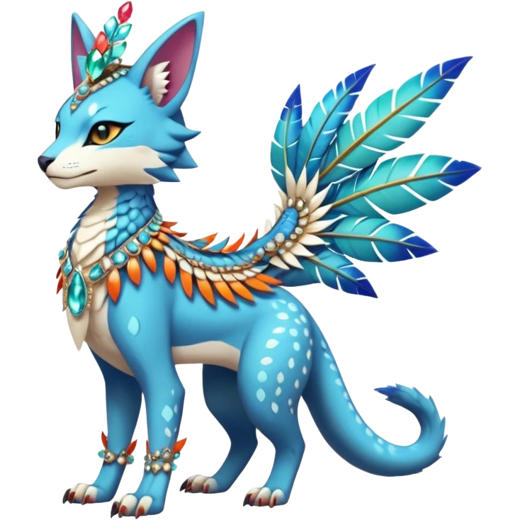 Kawaii cute colorful exotic tropical beautiful pretty elegant divine edgy feline-vernid-sergal-Fakémon-Pokémon-fursona-animal-creature with accessories, jewelries, full body, with intricate detailed markings, feathers, crystals, fins, headdress emoji