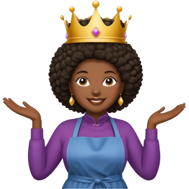 Mujer curvy afro, con vestimenta cómoda y delantal,con una corona sobre su cabeza y sonrisa contagiosa.  emoji