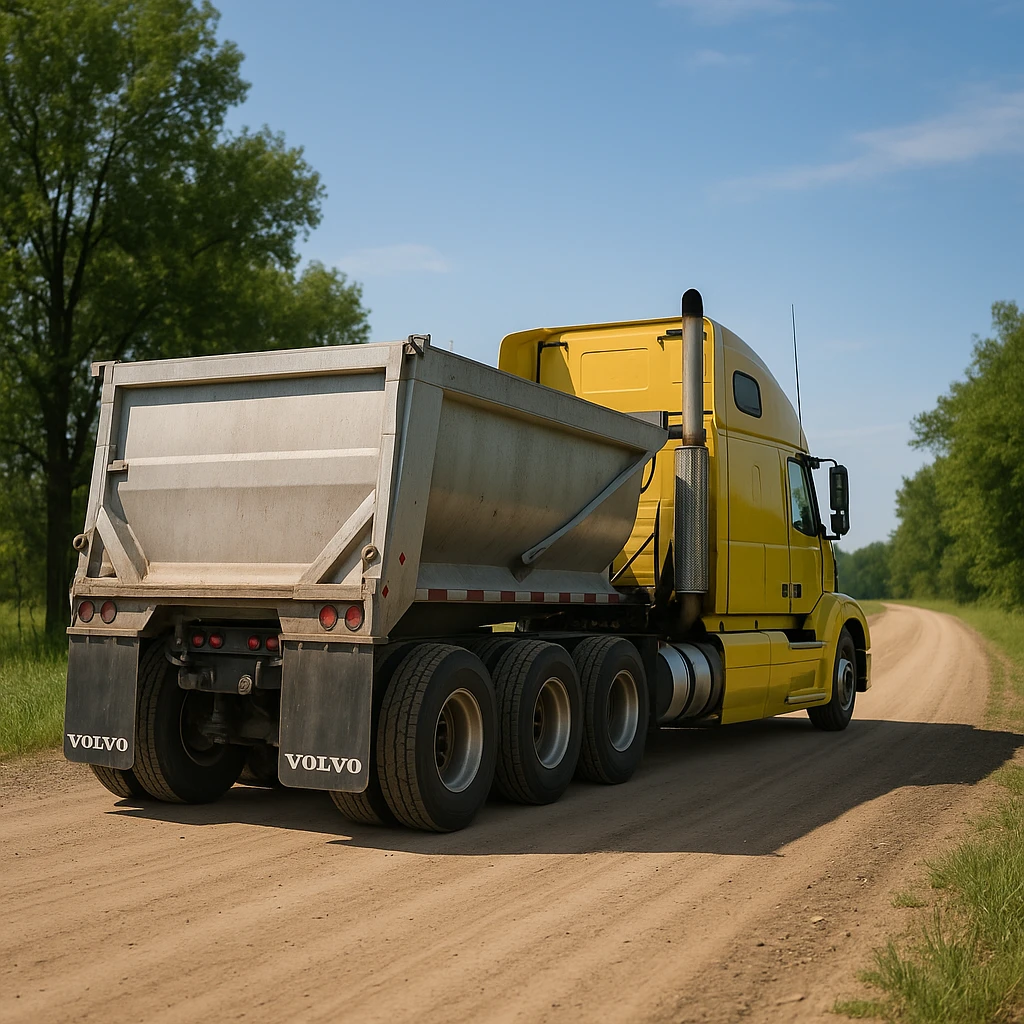 ultra-realistic rear three-quarter angle view of a Volvo yellow semi sleeper truck and silver end dump trailer, both in normal position, driving away down a photorealistic dirt road with trees and grass on both sides, blue sky emoji