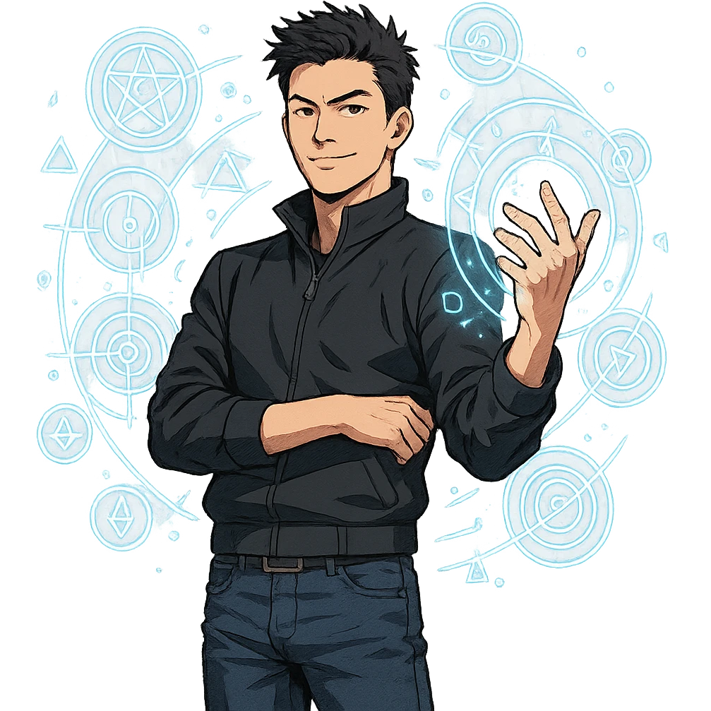 the strongest sorcerer of the modern age, confident pose, magical symbols, contemporary style emoji