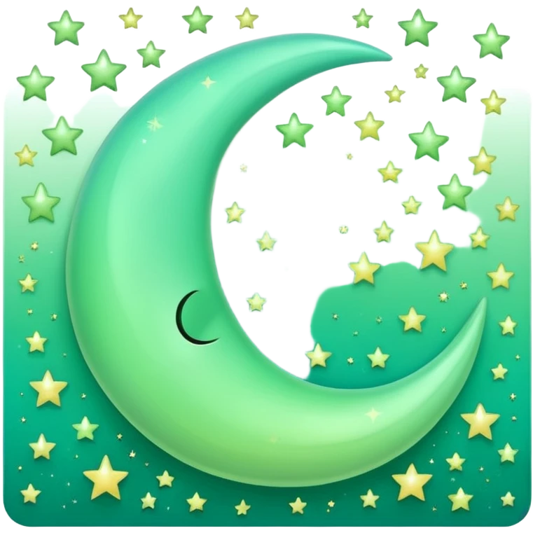 sparkly glossy pastel green-gradient crescent moon with small stars, no face emoji