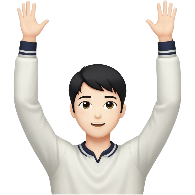 Black-haired male idol with arms raised above his head, K-pop style, energetic pose emoji