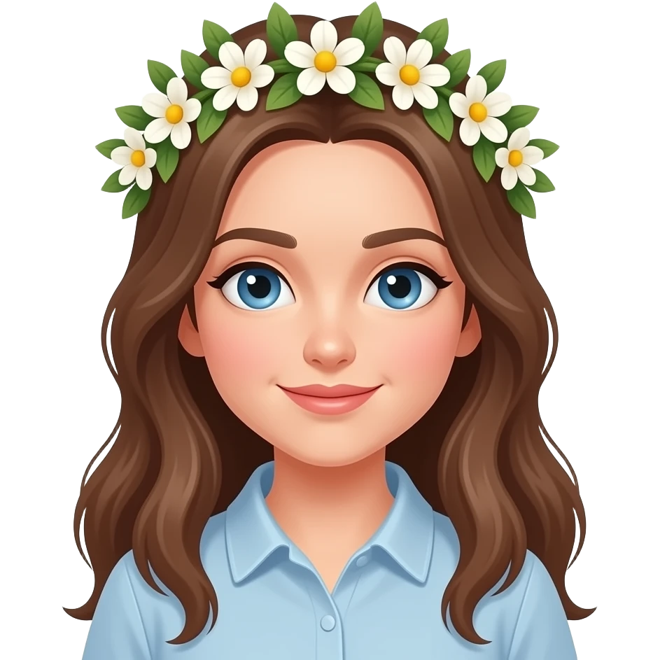 Ragazza occhi azzurri capelli castani lunghi con camicia corona alloro con fiori solo in testa emoji