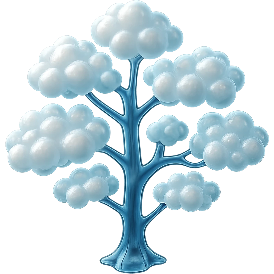 one tree with many branches and a trunk made of small very bright white fluffy convex clouds, matte glass style emoji