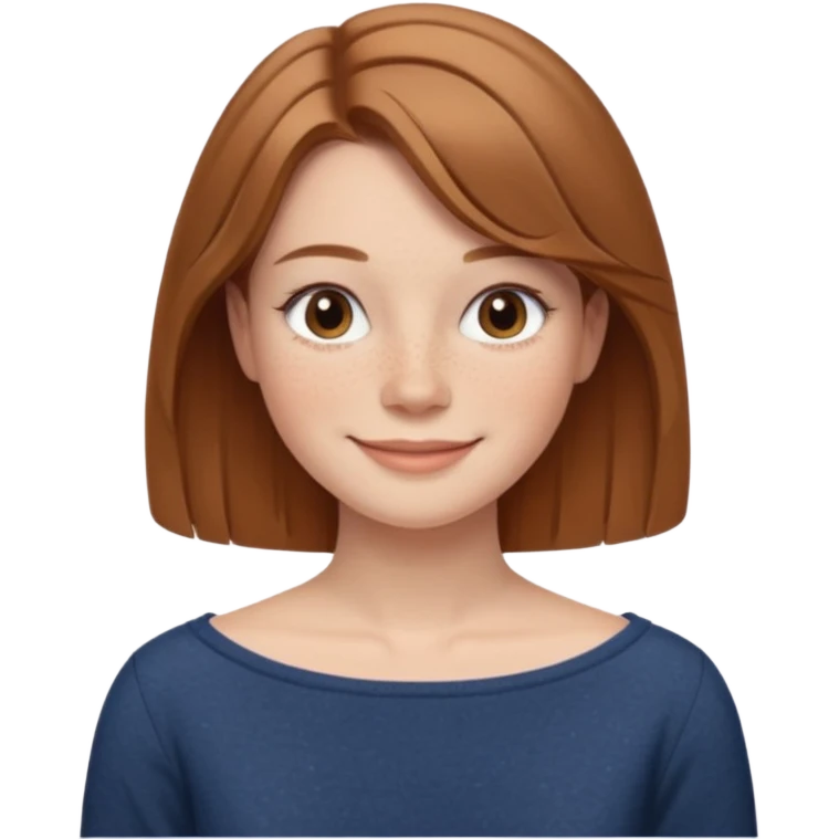 emoji of a woman named Freya McOmish, smiling, light brown hair, subtle freckles, modern casual style, wearing a Bateau-Boat Neck top emoji