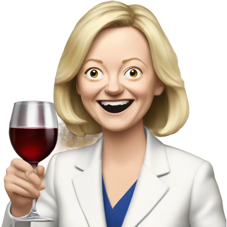 Liz Truss looking overly excited drinking wine emoji