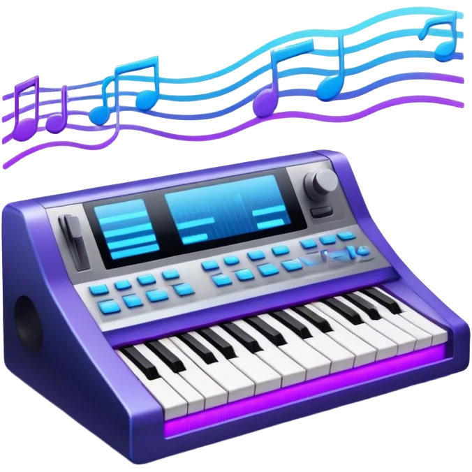 Create a sleek and modern emoji that represents sound design. The design should feature sound waves, a sound mixing console, and a studio synthesizer to symbolize the process of creating and shaping sound. Include elements like a synthesizer or audio effects buttons to highlight the creative tools used in sound design. Use futuristic colors like neon blue, purple, and silver to convey the cutting-edge, experimental nature of sound creation. The background should be transparent. emoji