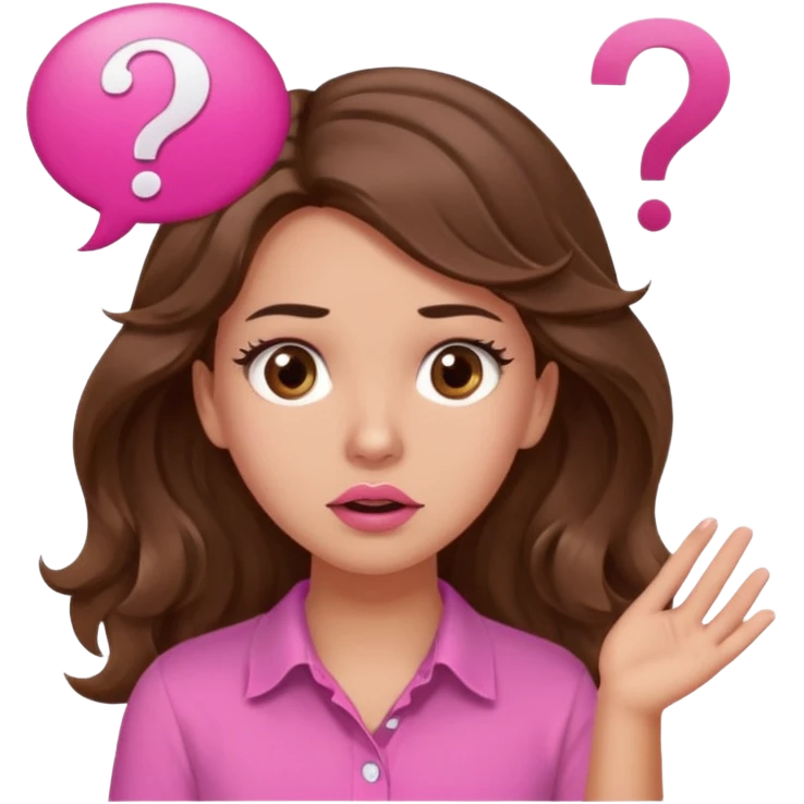 girl with long wavy brown hair, brown eyes, light to medium complexion, in a pink shirt, pink lips, long lashes, confused, question mark one speech bubble emoji