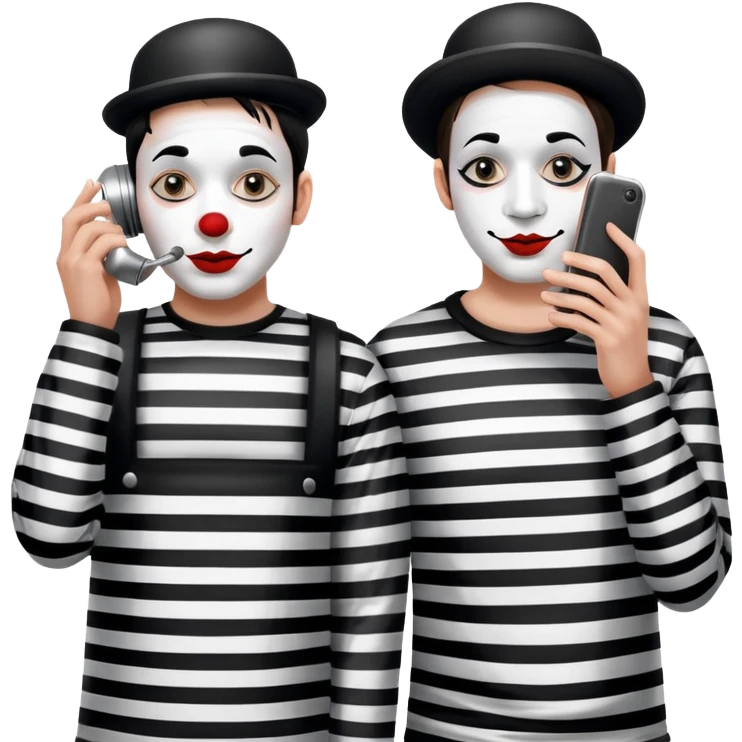 two mimes with white face paint using tin can phone emoji