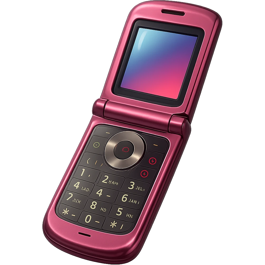Make this vintage pink razor flip phone look more realistic in a photorealistic style, metallic pink, open to show keypad and screen, no background. emoji