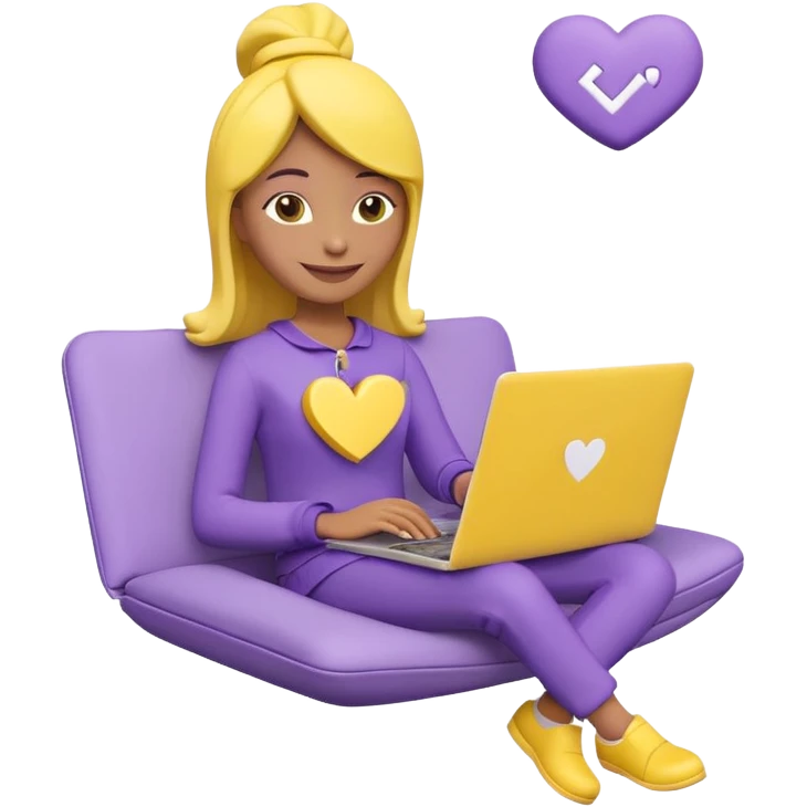 3D clay character relaxed with laptop and coffee, floating icons (envelope, heart, dollar), purple (#8B5CF6) outfit, bright yellow (#FBBF24) icons, white laptop, Pixar style, transparent background emoji