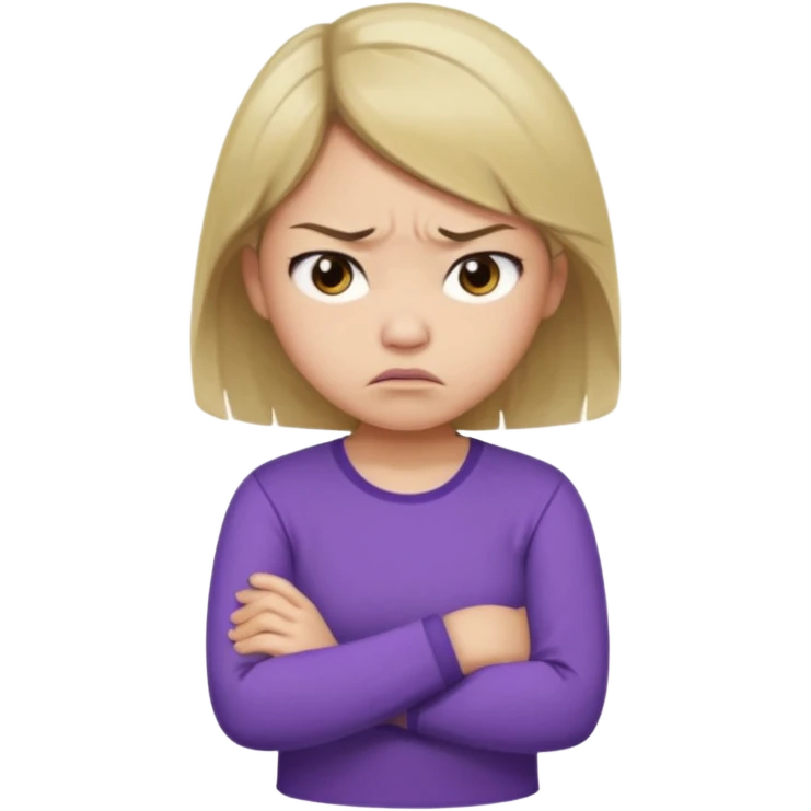 Angry Pouty girl with small asian eyes folding arms in a purple longsleeve shirt she has fair skin and medium length brown hair with blonde emoji