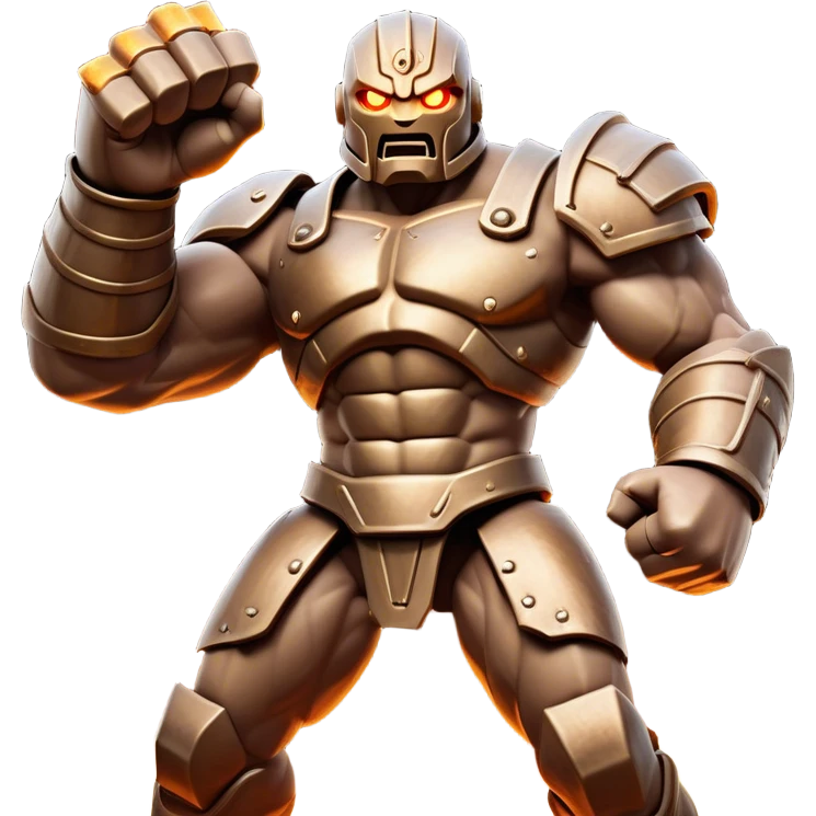 Cinematic Fierce Mighty Iron Golem Portrait Emoji Depicted mid-action in a dynamic, battle-ready stance, massive fists clenched, the ancient metallic plates along its form shifting with raw power. Its eyes blaze like molten fire within a carved, rune-etched face, exuding both divine purpose and mechanical precision. Weathered steel and dark bronze tones are accented by glowing, arcane inscriptions, each detail meticulously crafted with lifelike metallic reflections. High shine, imposing yet regal, styled with an air of indestructible might, soft glowing outline, capturing the essence of an unstoppable colossus that looks ready to charge forth with a thunderous step! emoji