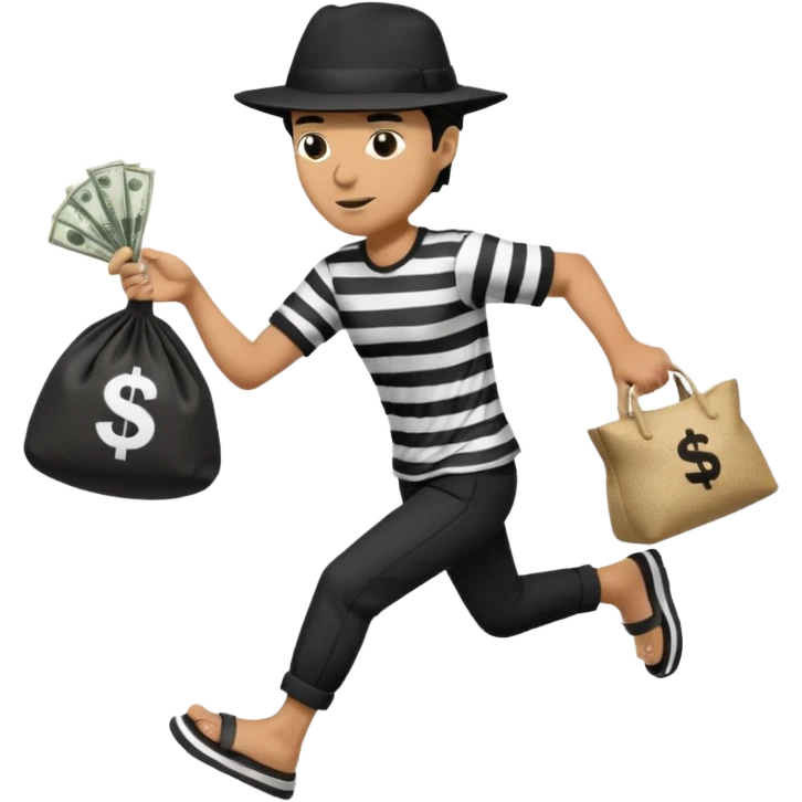 Make a man wear a black pant and he shirt is balck line and white line and wear a black hat and he holding a money bag and he running he wear a black eye thing no money in the Left hand and he yellow and the money bag in the right he wear a flip flop like this is Money bag 💰 NO MONEY emoji