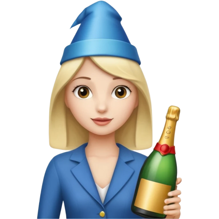 girl holding only Champagne bottle with party cap. emoji